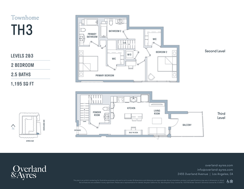 A floor plan for a townhome labeled TH3 shows two levels with detailed room layouts and measurements.